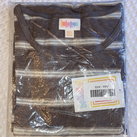 LULAROE Julia Bodycon Midi Dress XXS Gray Brown Stripe Short Elbow Sleeve NEW! - Picture 3 of 10